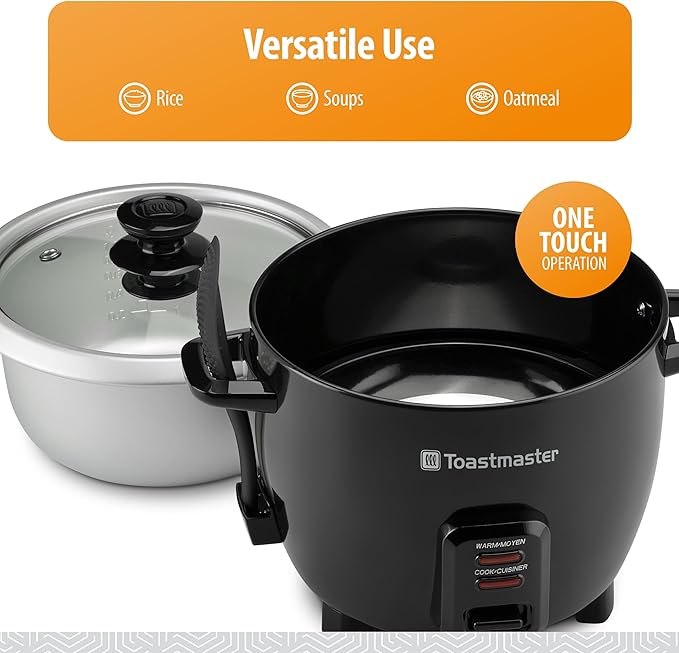 Toastmaster Electric Rice Cooker - Large Capacity for Soups Oatmeal &amp More - Automatic Rice Cooker with Tempered Glass Lid &amp Keep Warm Mode - 10-Cup Black
