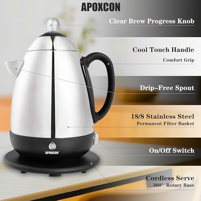 Electric Coffee Percolator Stainless Steel Coffee Maker with Clear Brew Progress Knob and No-Drip Spout Auto Keep Warm &amp Cordless Serving Coffee pot with On/OFF Switch Fast Brew (10 Cup)