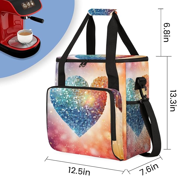 Glitter Heart Coffee Maker Carrying Bag Portable Travel Storage Tote Bag Compatible with K-Mini or K-Mini Plus Single Serve Coffee Brewer Carrying Case with Multiple Pockets &amp Shoulder Strap