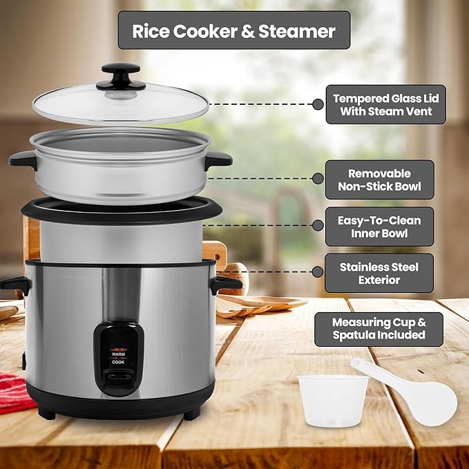 THEGA Electric Rice Cooker and Steamer with Automatic Cooking Removable Non Stick Bowl Stainless Steel Tempered Glass Lid with Steel Vent 700W Cook Warm Function Healthy Rice Cooking(4L)