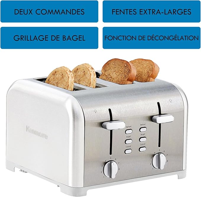 Kenmore Toaster 4 Slice - Extra Wide Slot Countertop Kitchen Appliance Defrost Function Grille-Pain 9 Shade Settings Compact Design Easy Clean Crumb Tray Bread Bagel Stainless Steel &amp White
