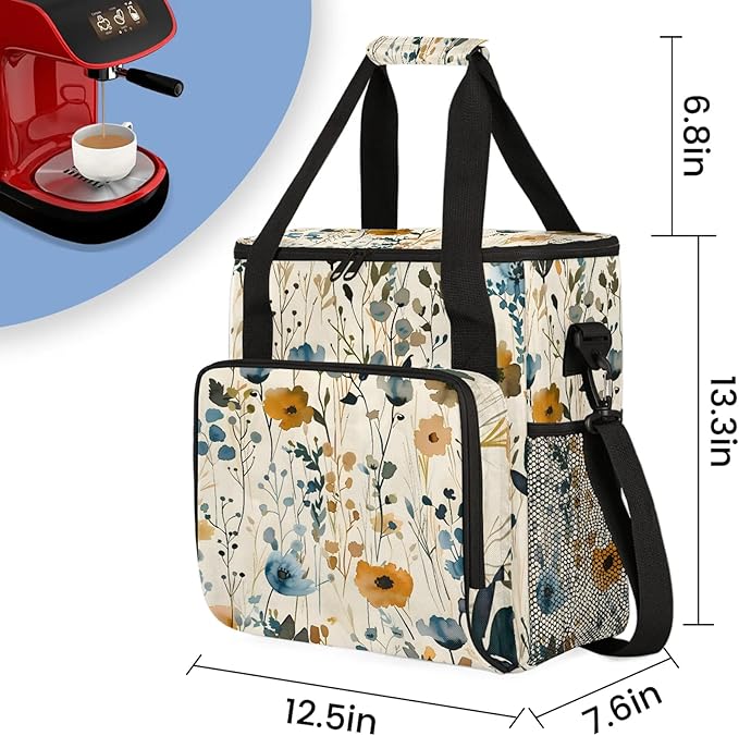 Flower Poppy Floral Coffee Maker Carring Bag Large Insulated Storage Organizer Case Tote Bags with Shoulder Strap for Travel Work Picnic