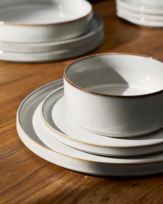 Famiware Annecy Plates and Bowls Sets 12 Pieces Dinnerware Sets Microwave and Dishwasher Safe Dishes Set for 4 Chip and Scratch Resistant Grey-White