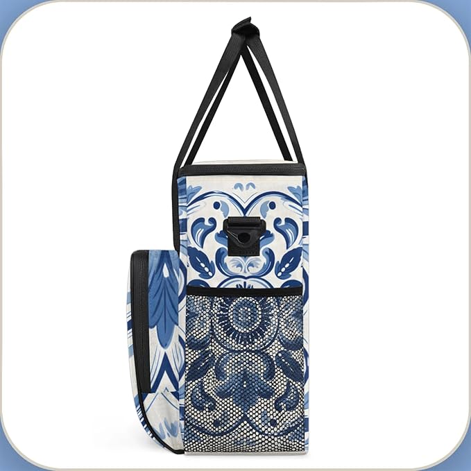 Blue Flower Design Coffee Maker Travel Bag for Keurig K-Mini/K-Mini Plus Insulated Waterproof Tote with Pockets for K-Cup Portable Single-Serve Brewer Case