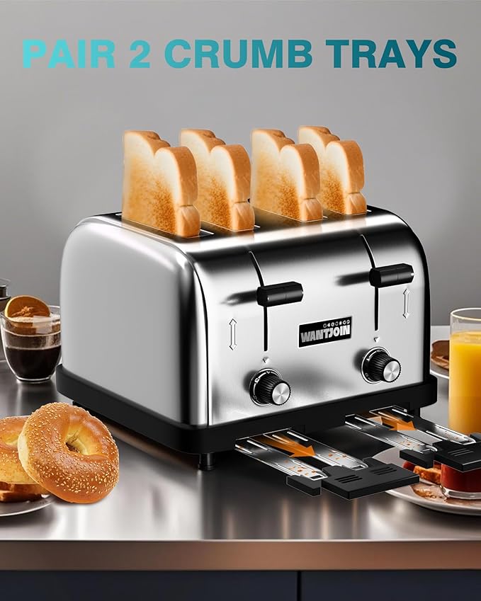WantJoin Toaster Commercial 4 Slices- 225 Slices/Hour Wide Slots 1.57 inch 1800W Pop Up Stainless Steel 6-Level Setting with Removable Crumb Tray Breakfast Restaurant Bread Bagels