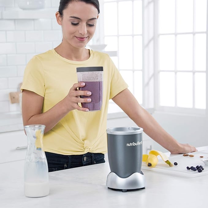 nutribullet Personal Blender for Shakes Smoothies Food Prep and Frozen Blending 24 Ounces 600 Watt Gray (NBR-0601) and NutriBullet 24 Ounce Tall Cup with Standard Lip Ring Clear/Gray