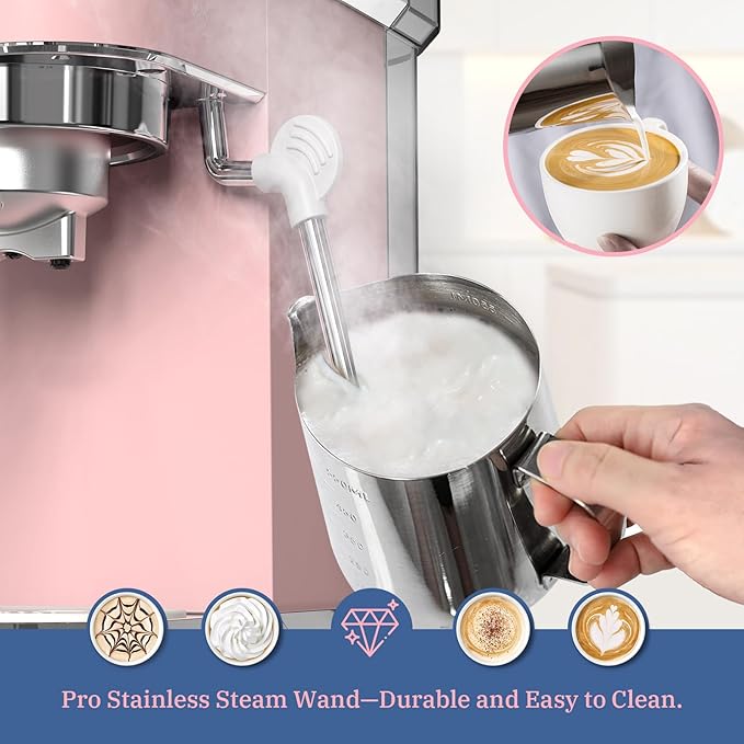 Laekerrt Professional Espresso Machine 20 Bar Espresso Maker with Milk Frother Steam Wand Stainless Steel Home Coffee Machines for Cappuccino and Latte Gift for Women Wife Daughter or Mom Pink