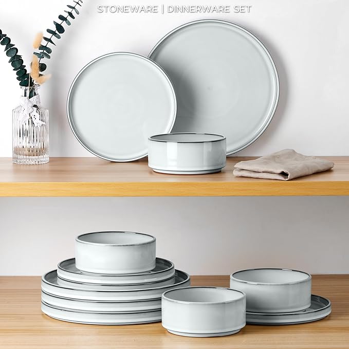 Onader Ceramic Dinnerware Sets for 6 Stoneware Plates and Bowls with Rustic Terracotta Bottom Elegant Kitchen Dinner Dish Set 18-Piece Dishware Tableware - Glacier White