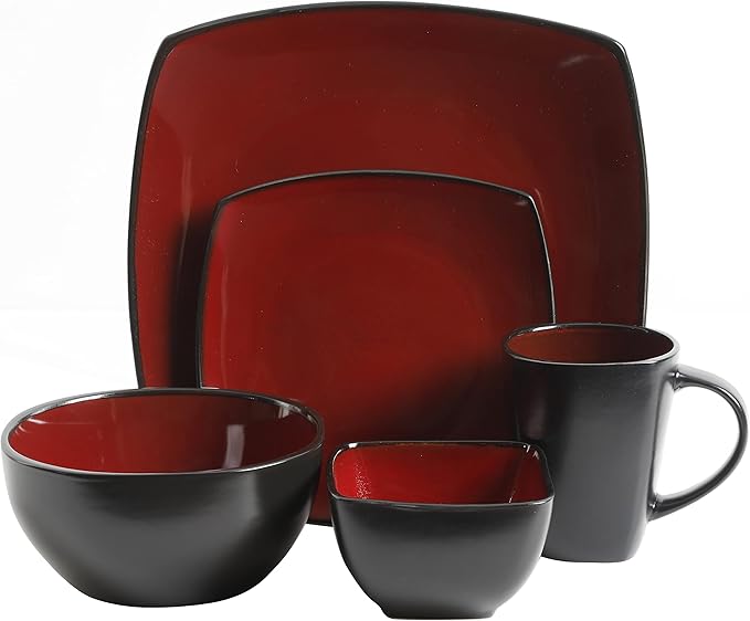 Gibson Elite Soho Lounge Square Reactive Glaze Stoneware Dinnerware Set Service for 8 (40pc) Red/Black