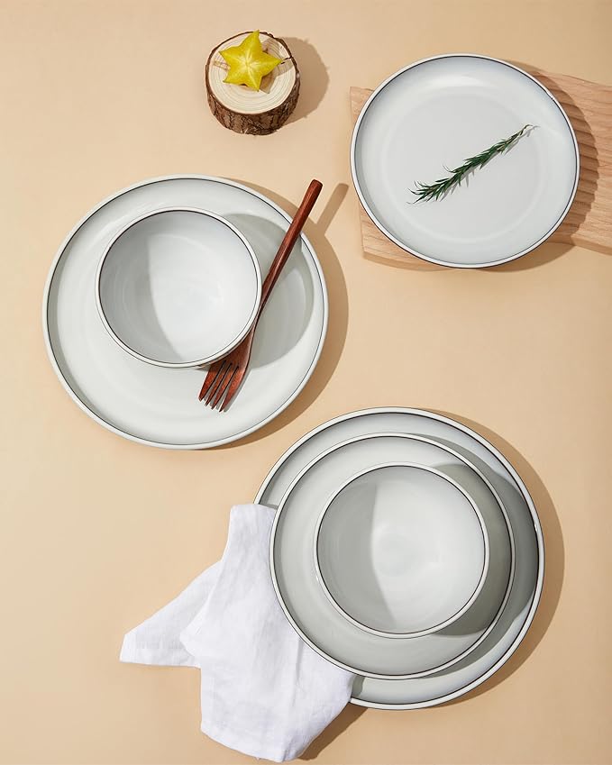 18 Piece White Stoneware Dinnerware Set for 6 Santorini Mist Terracotta Plates and Bowls with Reactive Glaze Microwave &amp Dishwasher Safe Aesthetic Ceramic Dishes for Family Meals &amp Hosting