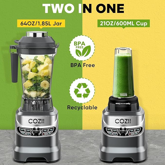 COZII Professional Blender 2000W Smoothie Countertop Blenders for Kitchen 64 Oz Pitcher/21-Oz To-go Cup 7 Preset Programs for Ice Crush/Frozen Drinks/Dips/Nut Butter High Speed Dishwasher Safe