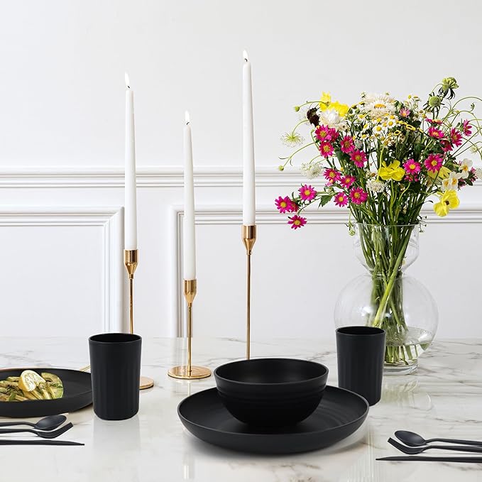 28-Piece Wheat Straw Dinnerware Sets Microwave &amp Dishwasher Safe Unbreakable Dinnerware Set Reusable Dishware Sets Lightweight Camping Dishes Plates Cups Cereal Bowls for 4（Black）