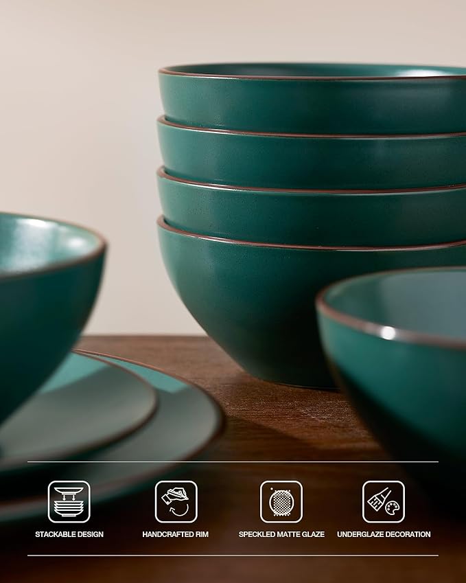 Famiware Venus Plates and Bowls Sets 18 Pieces Stoneware Speckled Dinnerware Dishes Set for 6 Matte Dark Green - Microwave &amp Dishwasher Safe Modern Minimalist for Everyday Meals &amp Formal D