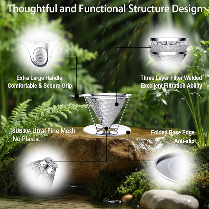 dailybrew Pour Over Coffee Maker Triple Layer Stainless Steel Cone Coffee Filter 4 Cup Non-electric Drip Coffee Maker Manual Portable Pour Over Coffee Maker Metal Cone Cafe Coffee Dripper
