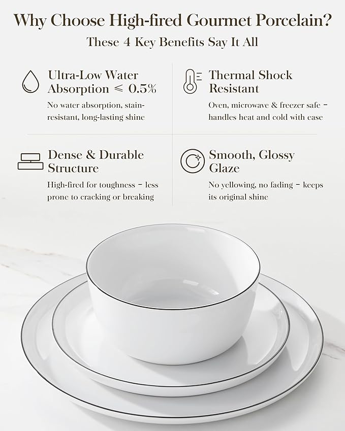 MALACASA 24 Pieces Gourmet Porcelain Dinnerware Sets Premium Plates and Bowls Set High-Fired Dishes Set for 6 Chip &amp Scratch Resistant Microwave Dishwasher Safe White &amp Black Rim Series