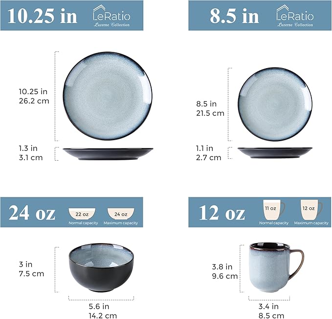 LERATIO Ceramic Dinnerware Sets for 416-Piece Reactive Glaze Plates and Bowls Set with MugsHighly Chip and Crack Resistant | DishwasherMicrowave &amp Oven Safe Dishes set-Gray White