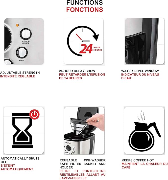 Starfrit Programmable Drip Coffee Maker - 12 Cups - LCF Display - Stainless Steel Design