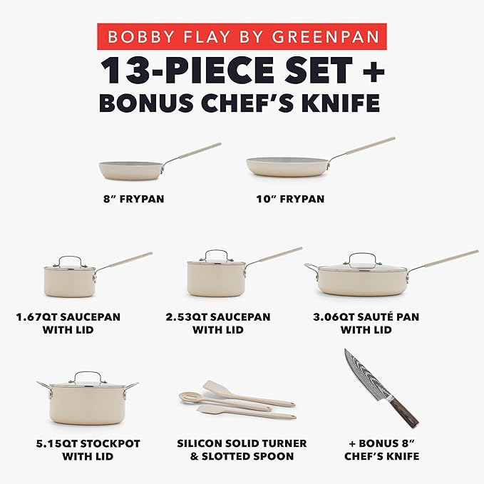 GreenPan x Bobby Flay 13 Piece Cookware Pots and Pans Set and 8 Chef's Knife. PFAS &amp PFOA-Free Ceramic Nonstick Induction Suitable Stay-Cool Silicone Handle Dishwasher &amp Oven Safe Cream