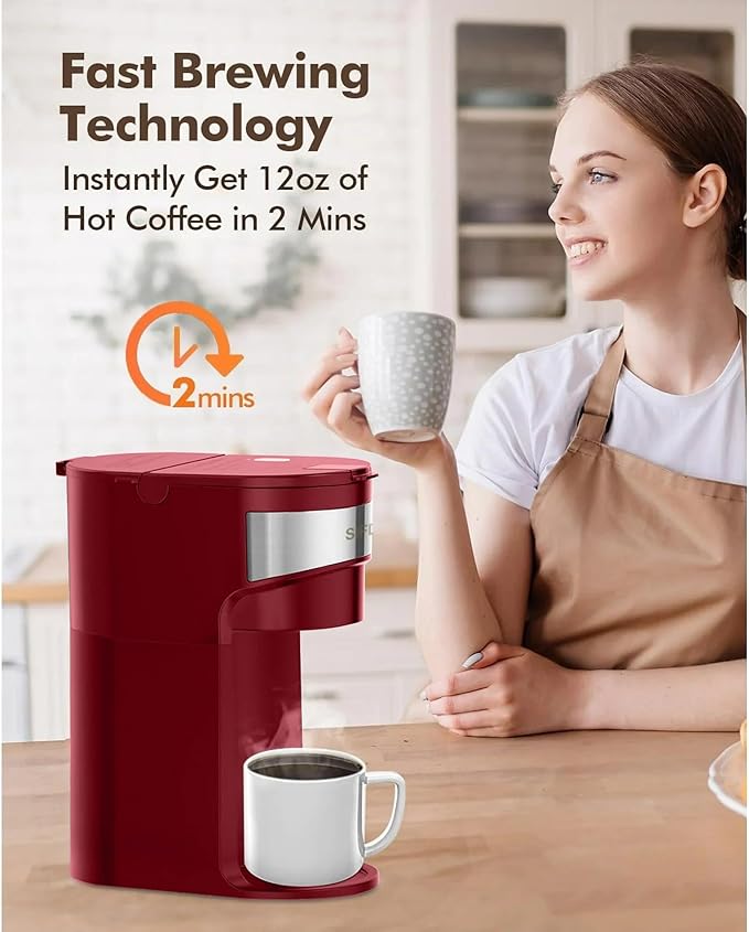 SIFENE Mini Single Serve Coffee Maker 2-in-1 Portable Drip Machine for K-Pods &amp Ground Coffee Fast Brew Auto Shut-Off Easy Clean Max Cup Height 5.5 Compact for Travel Office Dorm Red