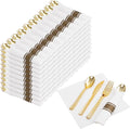 Nervure 400PCS Pre Rolled Gold Plastic Silverware Sets - Heavy Duty Hammered Gold Cutlery Include 100 Pack Wrapped Disposable Utensils with Napkins for Parties Dinners &amp Weddings