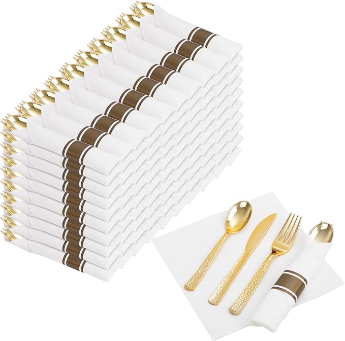 Nervure 400PCS Pre Rolled Gold Plastic Silverware Sets - Heavy Duty Hammered Gold Cutlery Include 100 Pack Wrapped Disposable Utensils with Napkins for Parties Dinners &amp Weddings