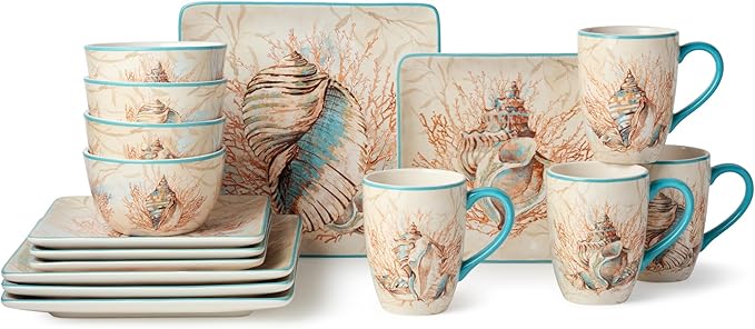 Escape to the Sea 16-Piece Dinnerware Set Coastal Shell &amp Coral Design Aquatic Hues Durable Ceramic Microwave &amp Dishwasher Safe Elegant Nautical Dining Décor
