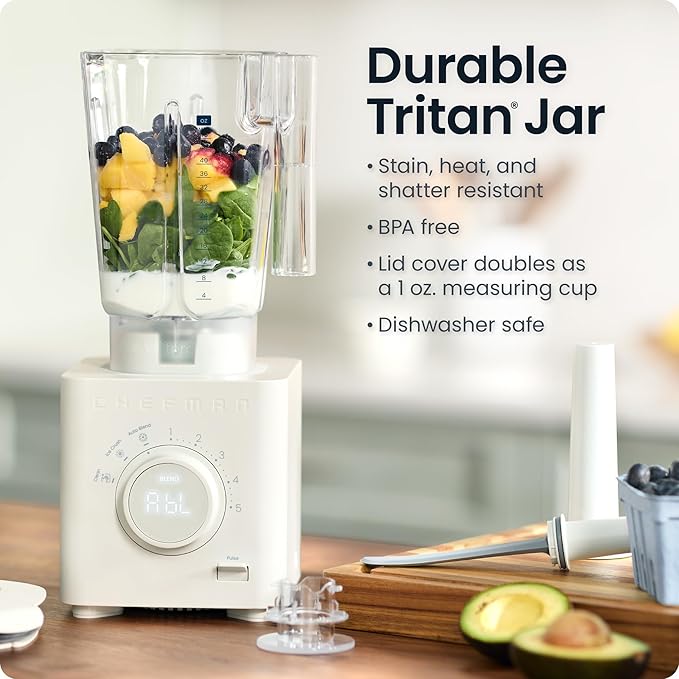 Chefman Obliterator 48 oz Countertop Blender for Smoothies 1380W Motor to Crush Ice Nuts and Frozen Fruit with Stainless Steel Blade Auto Blend Function Includes Tamper and Scraper