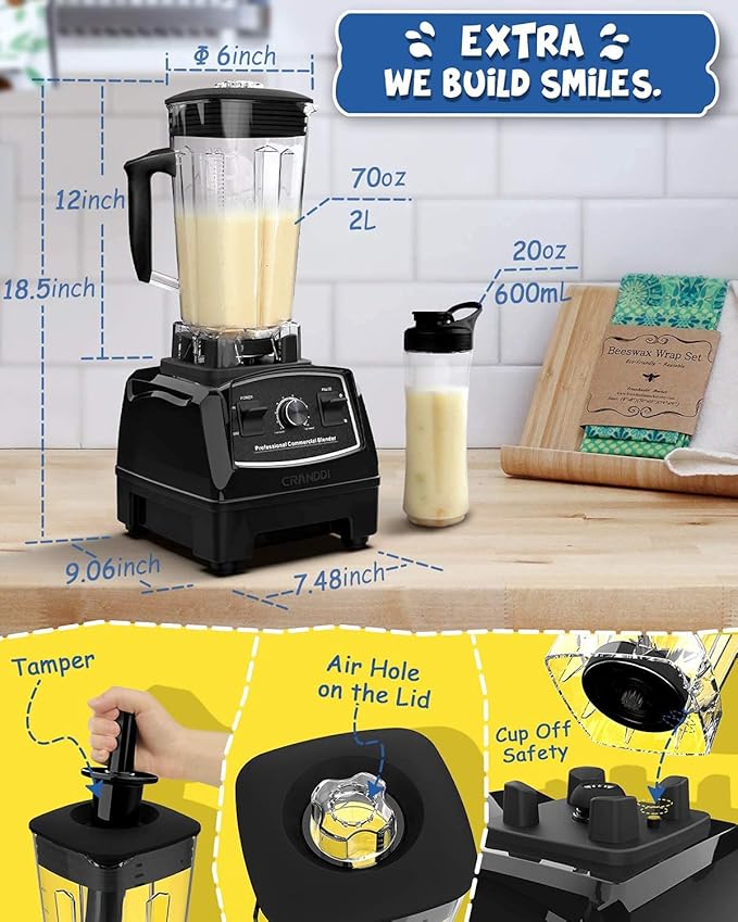 CRANDDI Professional Blender1500 Watt Commercial Blenders for Kitchen with 70oz Capacity and Self-Cleaning Classic Blenders for Shakes and Smoothies Build-in Pulse YL-010-B