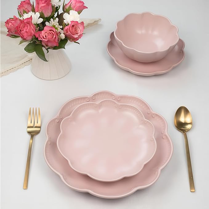 Sango 12 Pieces Scalloped Dinnerware Set Modern Pink Dishes for 4 Premium Serving Plates &amp Bowls Sets Chip Resistant Ceramic Dishware Kitchen Dish Microwave &amp Dishwasher Safe Bethany