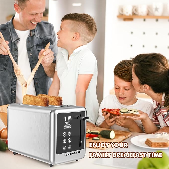 Smart Toaster Digital Tuch Screen Toasters with 5 Bread Selection 7 Shade Setting and Bagel/Defrost/Cancel/Reheat Function 1.5” 2 Slice Stainless Steel Tostadora with Removable Crumb Tray
