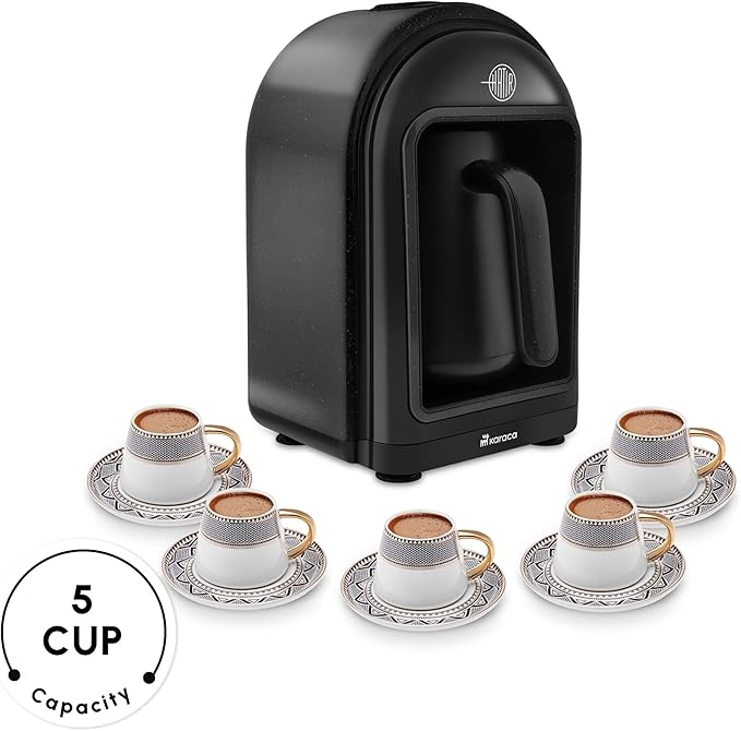 KARACA Hatır Turkish Coffee Maker 5 Cups Electric Turkish Coffee Machine with Ember Mode Automatic Temperature Control Overflow Protection Audible &amp Visual Alerts Shiny Black