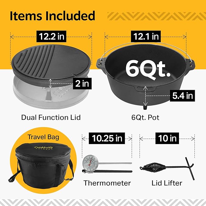 NATIVO 6QT Pre-Seasoned Outdoor Cast Iron Dutch Oven Pot with Multipurpose Lid Dutch Oven for Camping and Outdoor Cooking using Fire and Coals With Legs and Reversible Lid Grill