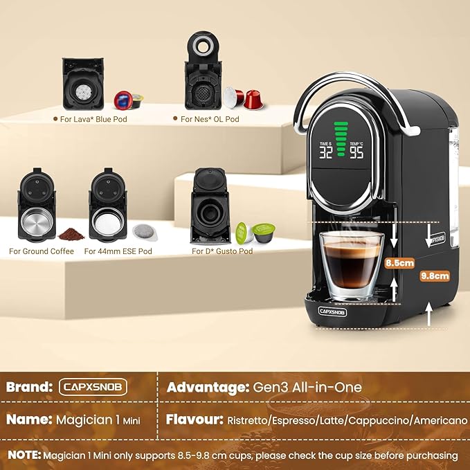Magician1 Mini Espresso Machine for Nespresso Original Dolce Gusto Lavazza Blue ESE Pods 19-Bar Coffee Machine for Ground Coffee Coffee Maker with adjustable Temp &amp Cup Size 21oz Reservoir