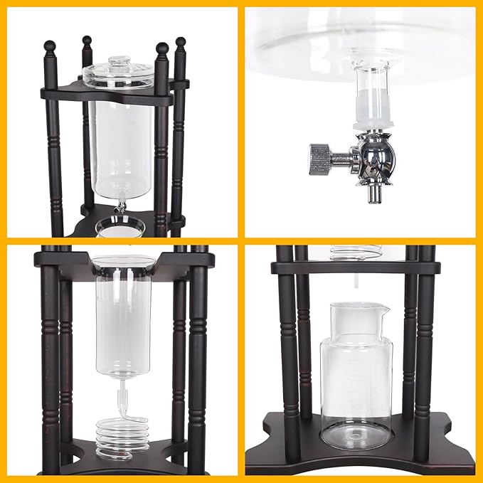 Ice Drip Coffee Maker 2L/67.63oz(About 25 Cups) Large Capacity Cold Brew Tower for Home Coffee Shop Glass &amp Solid Wood Manual Dripper Brewer Reusable Cold Tea Maker 11.02*9.65*45.28in Black-Re