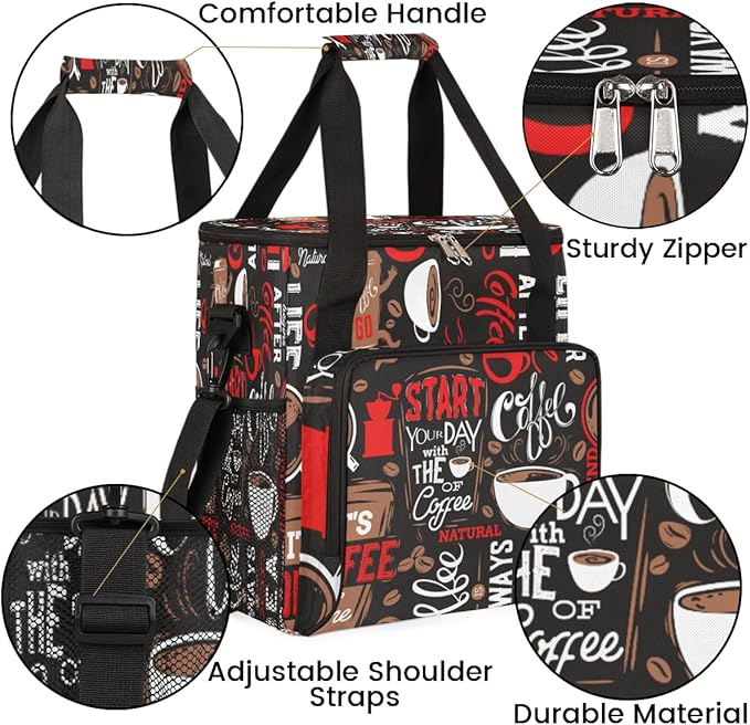 Red Start Day With Coffee Coffees Maker Carrying Bag Coffee Machine Travel Storage Tote Bag Compatible with K-Mini or K-Mini Plus Portable Single Serve Coffees Brewer Case with Pockets for K-Cup Pods
