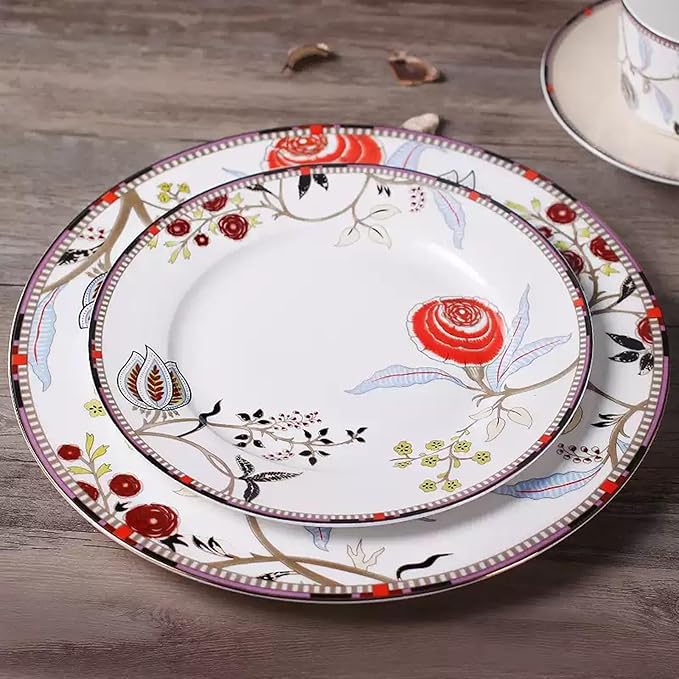 Exquisite Romanticism Dinnerware Set Service for 6European style Afternoon tea Bone China Dinnerware SetsSteak Dinner Plates Dish Set (24Pcs)Freezer Safe Elegant Dining Plates