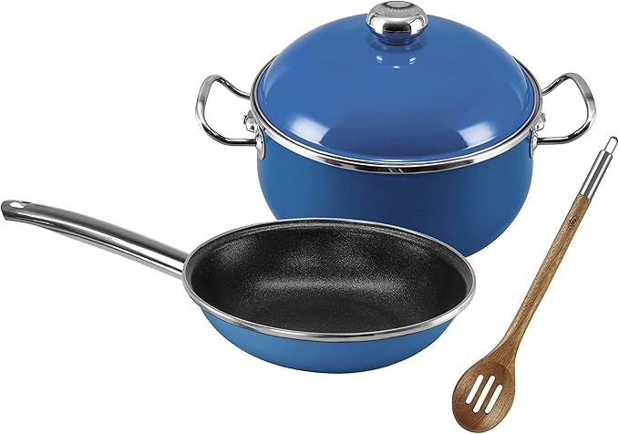 VITA 4-Piece Beginners Set (Blue) for All Stove Tops (Enamel on Steel) - Dishwasher &amp Oven Safe - Quick &amp Even Heat Distribution - Non Stick Pan &amp Enameled Interior Pot Non-Reactive &amp