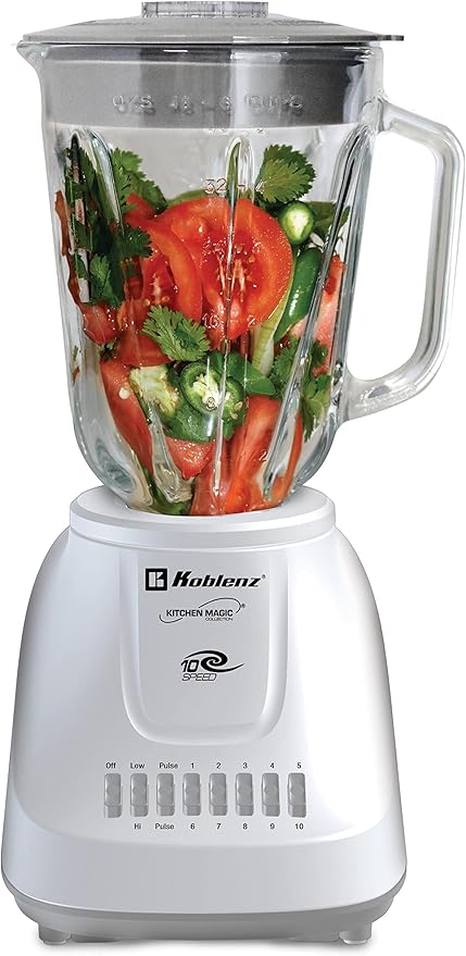 Koblenz 51-oz Glass Jar Blender 10 Speed and 2 Pulse Blender Countertop Blender with Stainless Steel Blades Perfect for Shakes and Smoothies 500-Watt Motor White LKM-5910 VB