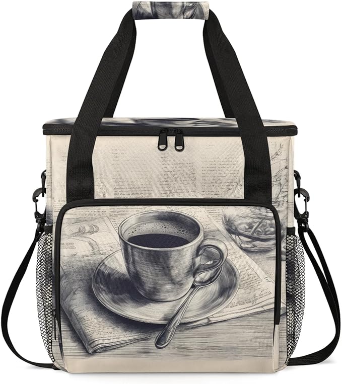 Retro Coffee Print Coffee Maker Travel Bag for Keurig K-Mini/K-Mini Plus Insulated Waterproof Tote with Pockets for K-Cup Portable Single-Serve Brewer Case