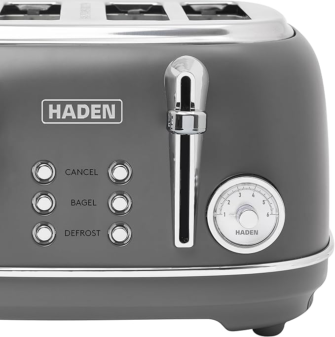 Haden Chelsea 4-Slice Wide Slot Stainless Steel Toaster with Adjustable Browning Control &amp Non-Slip Feet Grey &amp Chrome