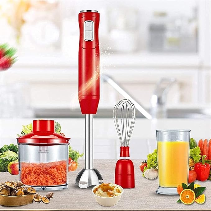 Cordless Variable Speed Hand Blender with Chopper and Whisk Attachment Red
