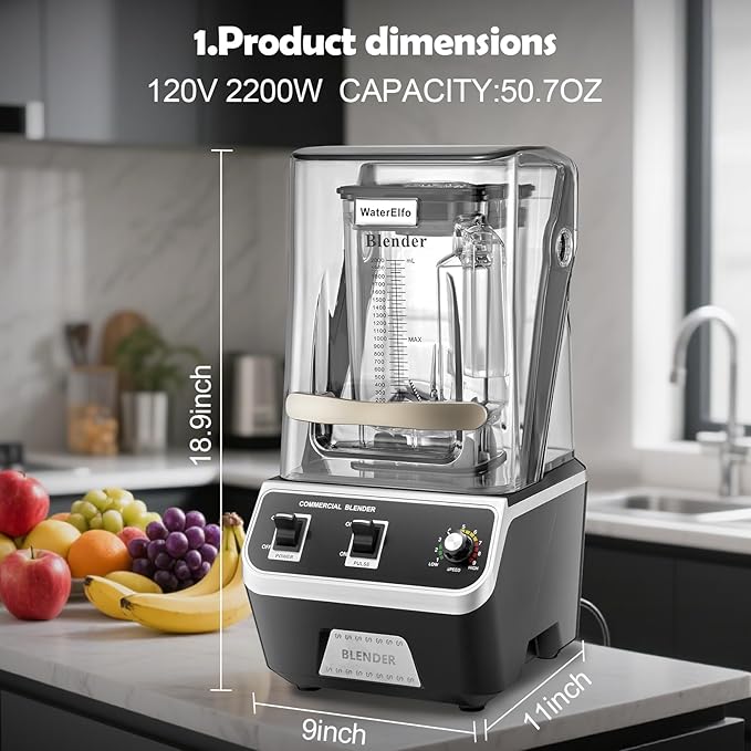 2200W Commercial Blender for Smoothies - Professional Grade High Speed Quiet Electric Countertop Blenders with Sound Enclosure 68oz for Kitchen &amp Home Use