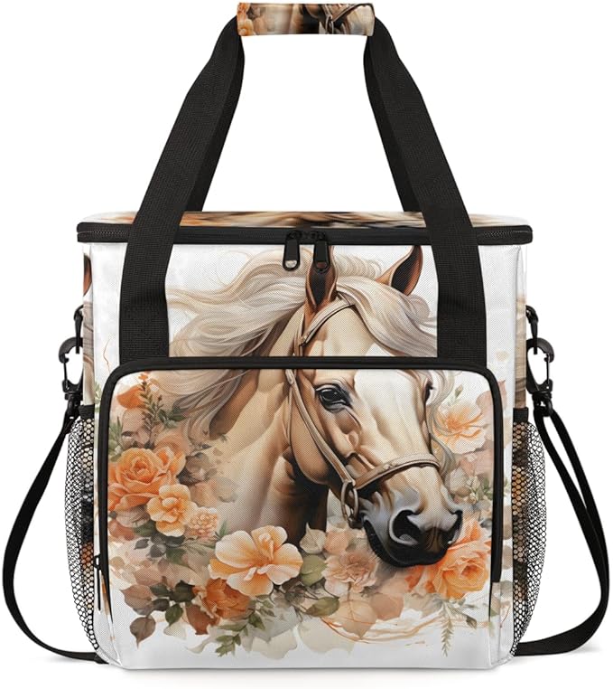 Flowers Horse Coffee Maker Carrying Bag Portable Travel Storage Tote Bag Compatible with K-Mini or K-Mini Plus Single Serve Coffee Brewer Carrying Case with Multiple Pockets &amp Shoulder Strap