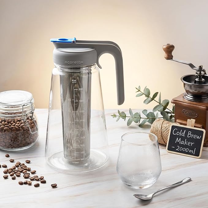 ECORELAX Cold Brew Coffee MakerHigh Transparency Borosilicate Glass Container with Stainless Steel Filter Iced Tea Pitcher with LidModern Style Ergonomic HandleSpill-proof Lid (（Gray 64oz)