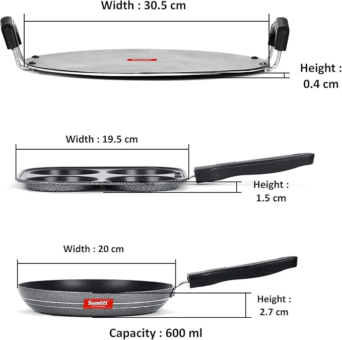 Sumeet NonStick Grizaj Cookware Set (Tawa-30.5cm Dia + Mini Multi Snack Maker - 4 Cavity -19.5cm + Tapper pan - 0.6Ltr - 20Cm Dia)