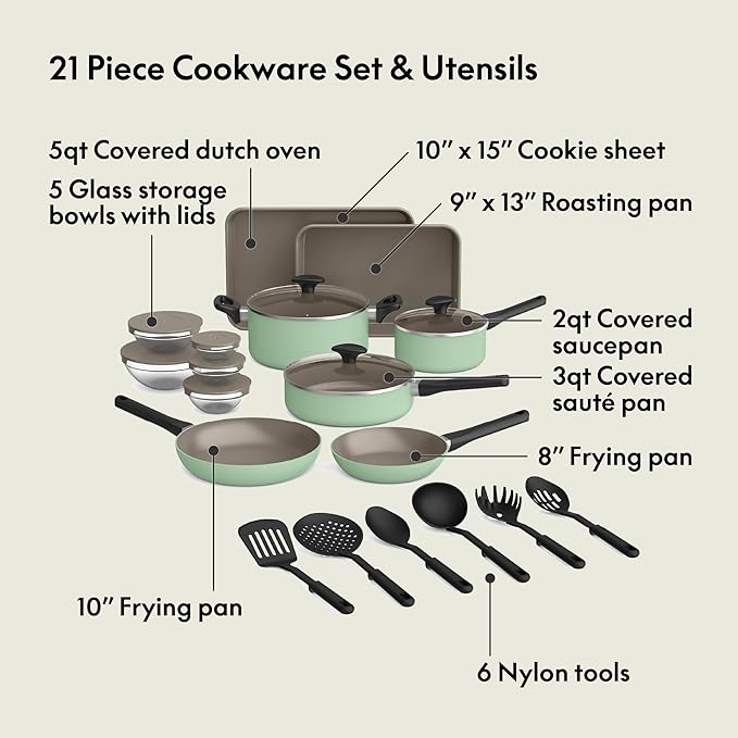 bella 21 Piece Kitchen Set with EverGood™ Ceramic Nonstick Coating Dishwasher &amp Oven Safe All Stovetops Compatible Tempered Glass Lids &amp Cool Touch Handles Seaglass