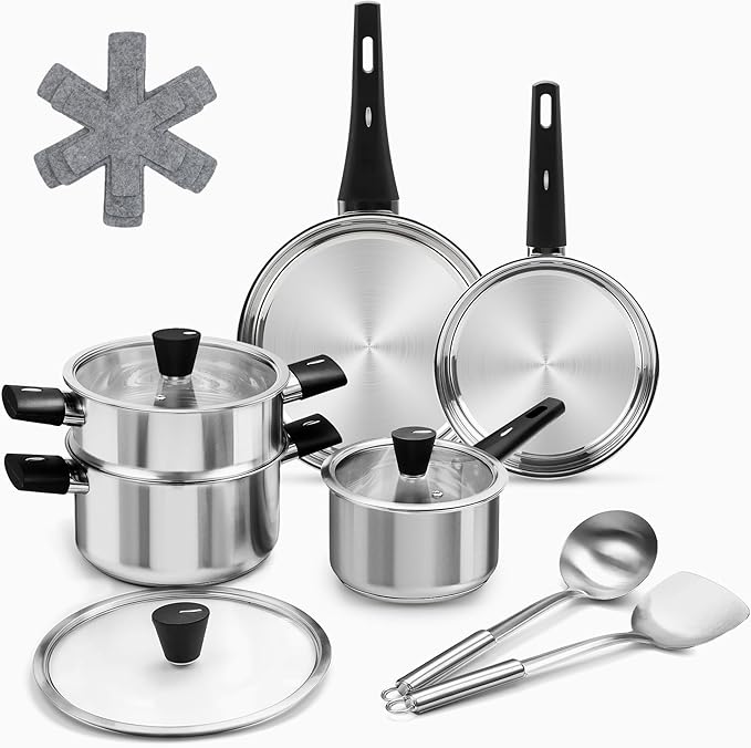 14Pcs Kitchen Pots and Pans Set Stainless Steel Cookware Set Non Toxic Induction Cooking Pot and Pan Set with Stay-Cool Handles Healthy PFAS PFOA PFOS Free Dishwasher Safe