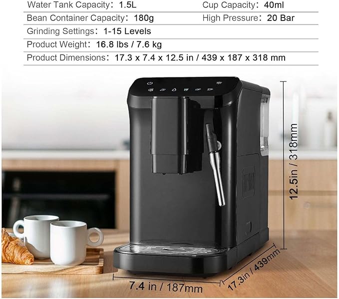 Espresso Machine 20 Bar with Grinder &amp Frother 15 Grind Settings Automatic Coffee Maker for Espresso Cappuccino Latte