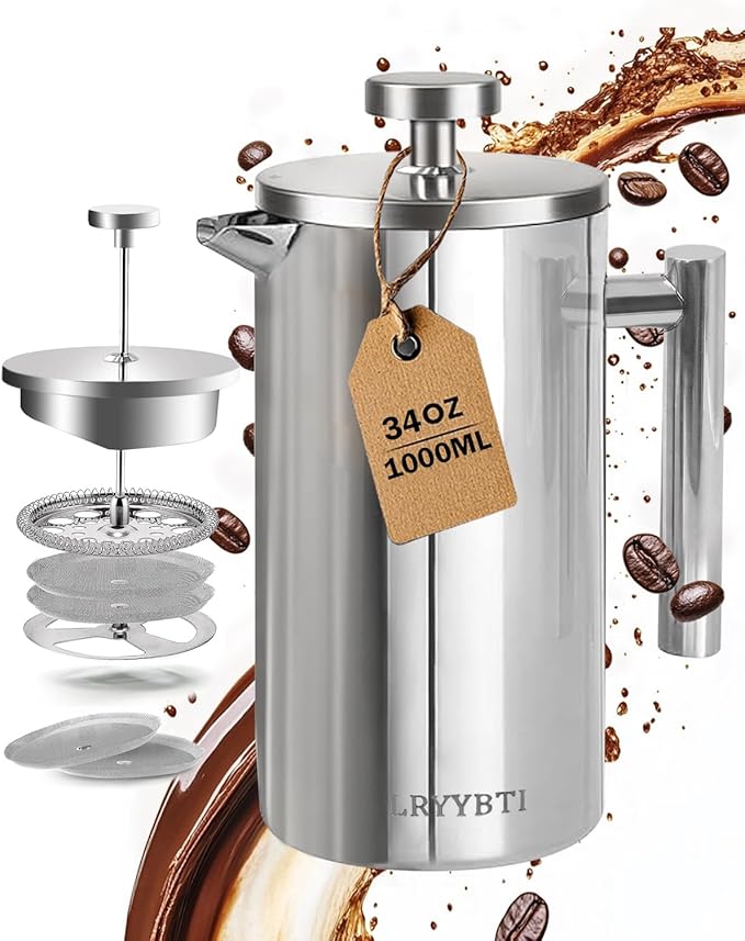 French Press Coffee Maker304 Stainless Steel Coffee Press with scale lines and 2 Extra Filters for Kitchen &amp Camping (Silver 34 OZ) 1 Litre