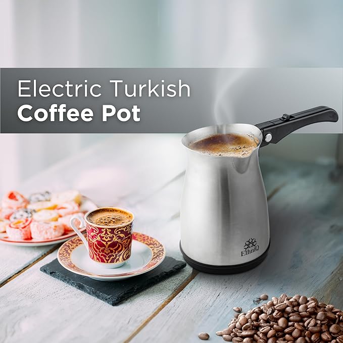 ETHNIQ Turkish Coffee Pot - Stainless Steel 120V 1 to 4 Cup Capacity Coffee Maker with Foldable Handle for Home &amp Travel &amp on-off Button (Slow Brew)